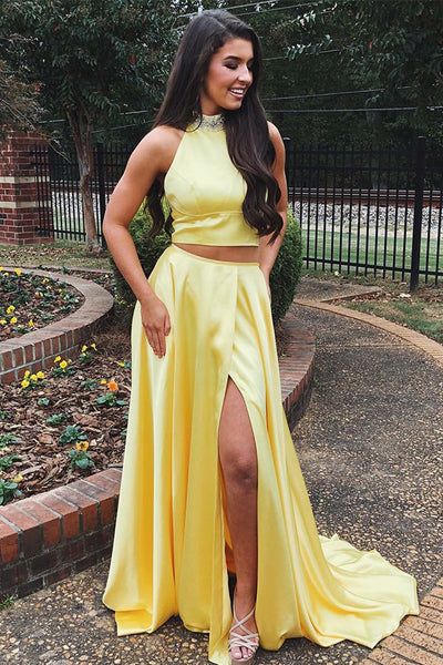 Musebridals.com offer Bright Yellow Two Pieces Halter Neck Prom Dresses Beadings High Slit Party Dresses,MP493