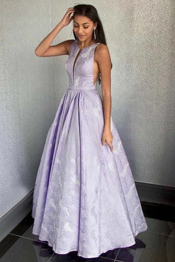 Musebridals.com offer Cheap A-Line Sleeveless Round Neck Floor-Length Lilac Printed Prom/Evening Dress,MP495