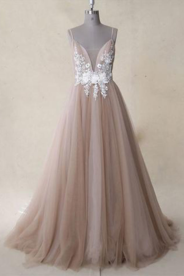 Spaghetti Straps Ivory Appliqued Bodice Dusty Rose Tulle A Line Long Prom Dress,MP500
