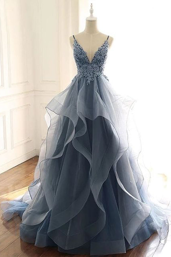 Deep V-neck Appliqued Prussian Blue Multi-Layered Organza Prom Dresse, – Musebridals