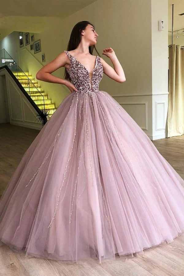 Beaded and Tulle Deep Illusion V-neck Ball Gown Mauve Prom Dress,MP502