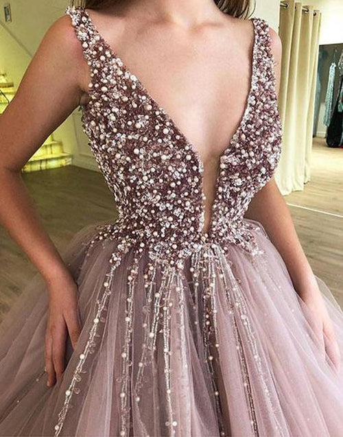 Beaded and Tulle Deep Illusion V-neck Ball Gown Mauve Prom Dress,MP502 | musebridals.com