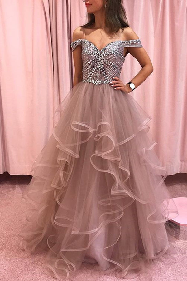 Rhinestones Bodice Multi Layered Bottom Prom Dresses Rose Pink Tulle P – Musebridals