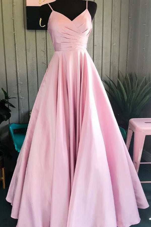 Spaghetti Straps Pink Satin Formal Dresses Pleated Bodice Simple Prom Dresses,MP504