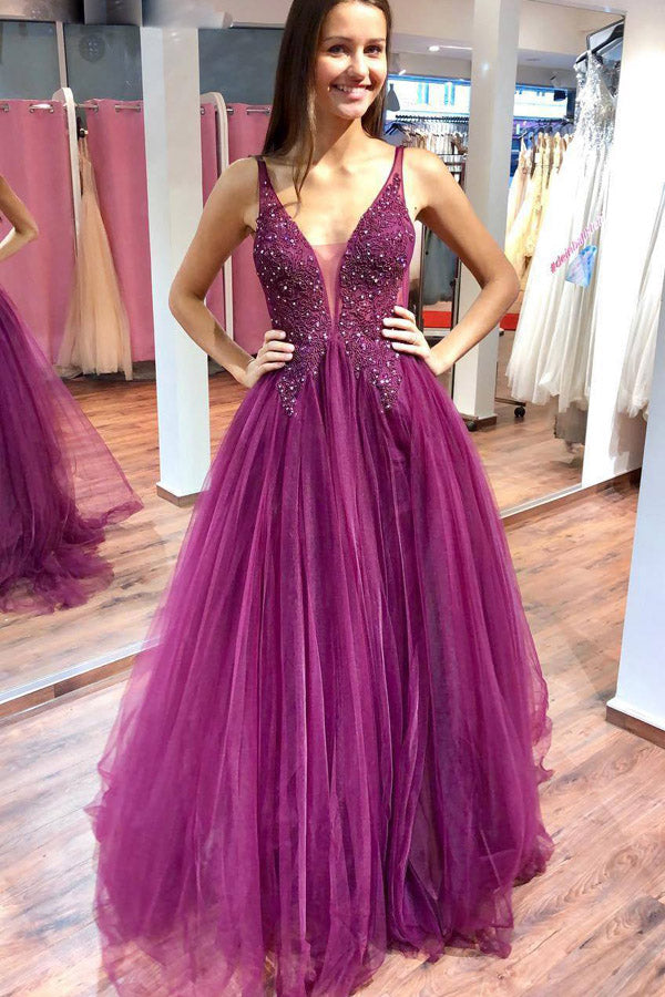 Sparkly V-neck Fuchsia Tulle & Lace Long Prom Dresses with Beaded, Elegant Evening Dresses,MP507