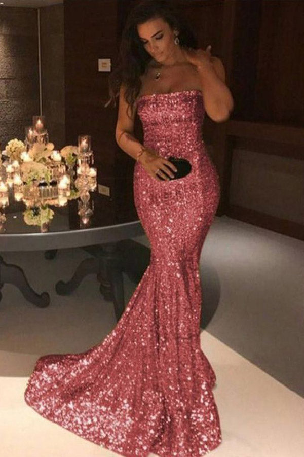Cheap Mermaid Strapless Coral Sequins Long Prom Dresses, Evening Party Dresses,MP508
