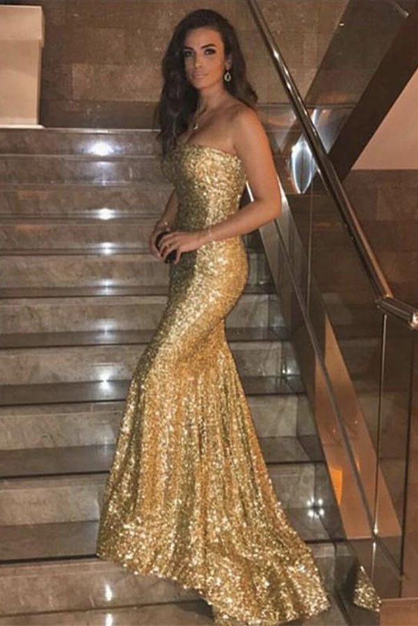 Cheap Mermaid Strapless Coral Sequins Long Prom Dresses, Evening Party Dresses,MP508 | gold sequin prom dresses | mermaid prom dresses | cheap prom dresses | www.musebridals.com