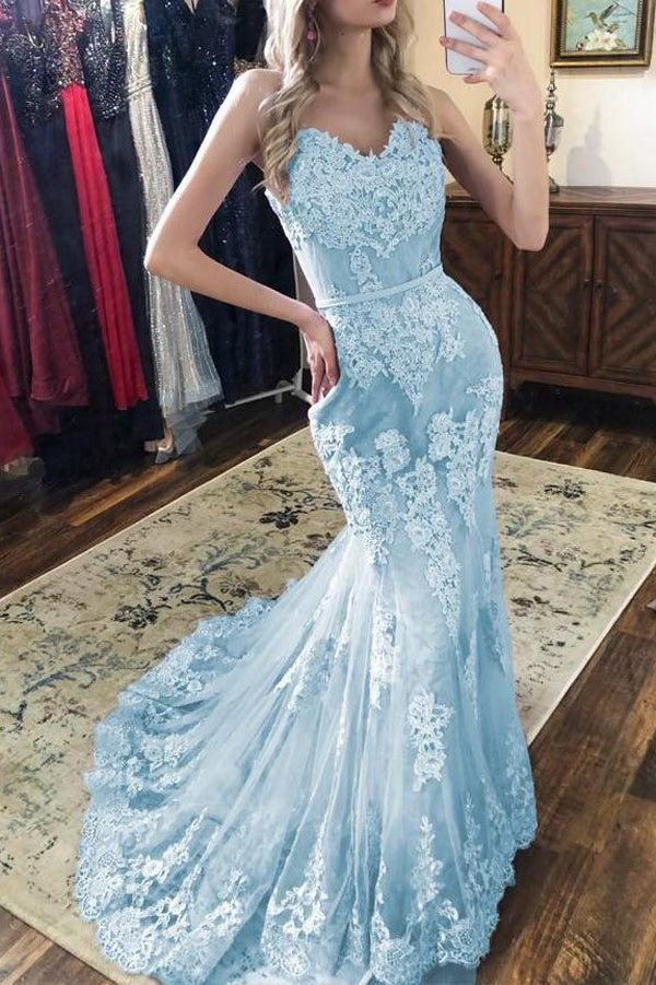 Gorgeous Mermaid V-neck Spaghetti Straps Light Blue Lace Prom Dresses ,MP510