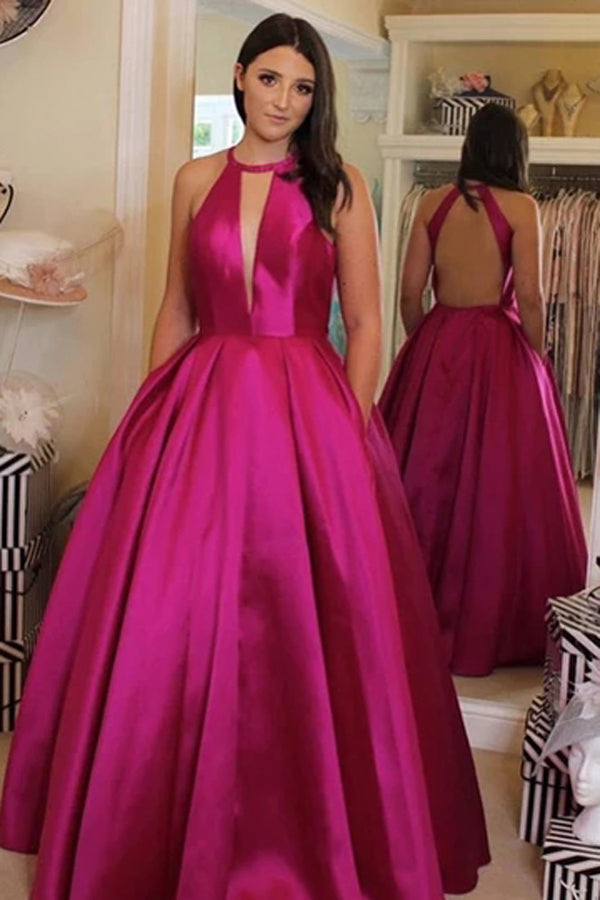 V Neckline Satin Ball Gown Evening Dress Hot Pink Backless Prom Dress,MP511
