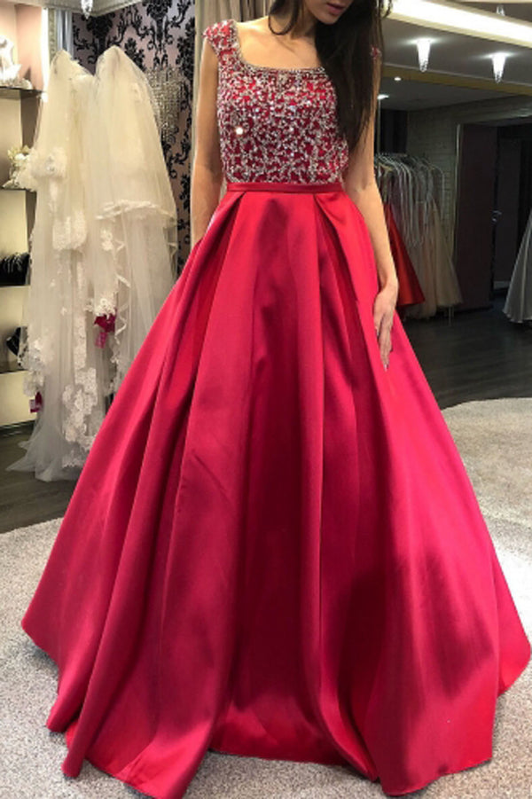 Gorgeous Scoop Neck Cap Sleeves Red Satin Prom Dresses with Beaded, Formal Gown Dresses,MP512