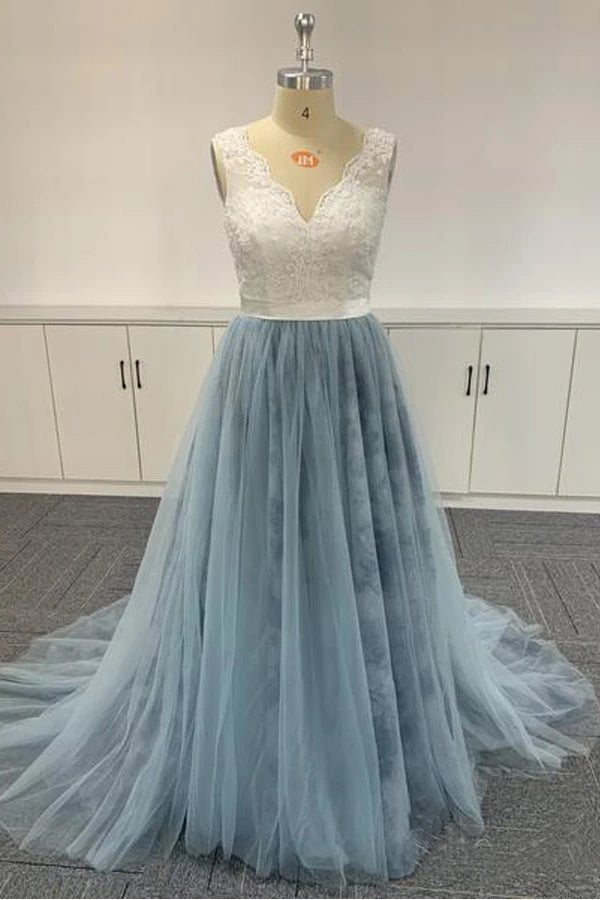 Tulle Embroidered Ombre Soft Lace V-neck Prom Dresses Formal Dresses,MP515