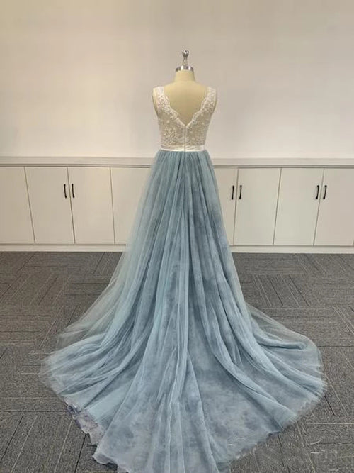 Tulle Embroidered Ombre Soft Lace V-neck Prom Dresses Formal Dresses,MP515