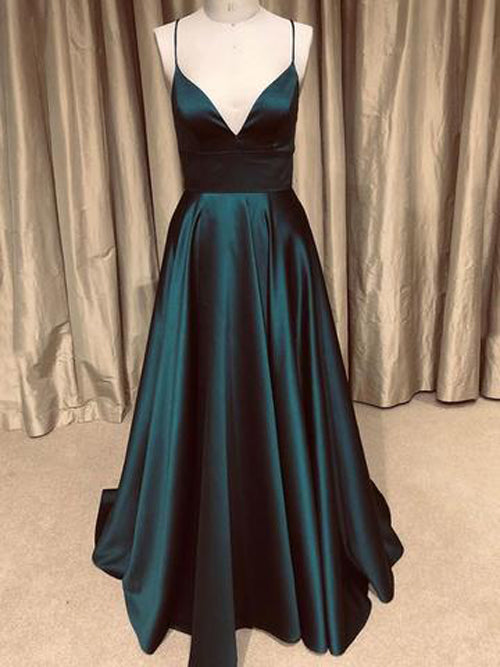 A-line V-neck Spaghetti Straps Open Back Dark Green with Pockets, Sparkly Prom Dresses,MP517 | musebridals.com