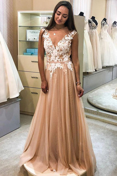 Elegant A-line V-neck Lace Appliques Prom Dresses,Tulle Evening Party Dresses,MP520