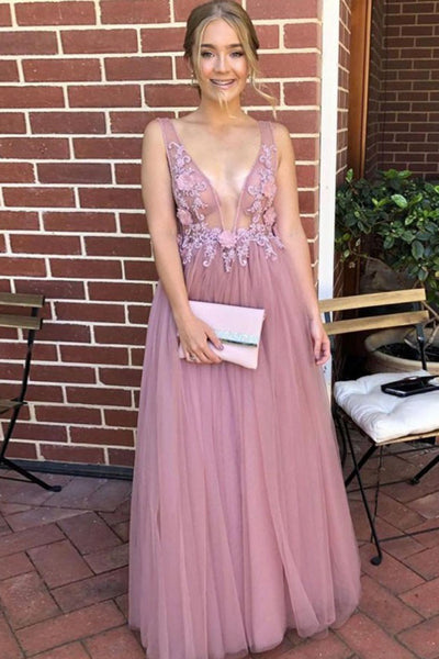 Charming A-line V-neck Open Back Pink Flower Lace Prom Dresses, Fairy Dresses,MP521