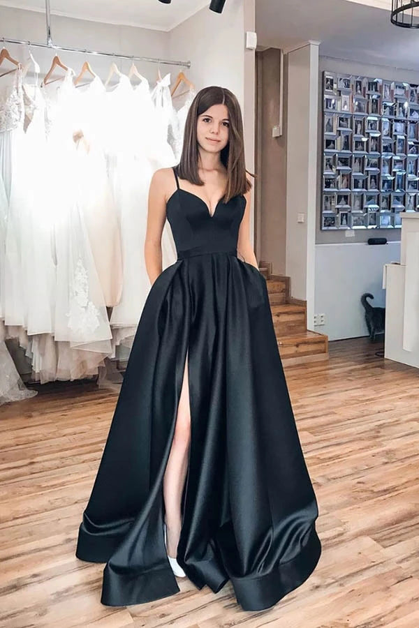 Simple Black Spaghetti Strap Satin Long Prom Dress Evening Dress,MP523