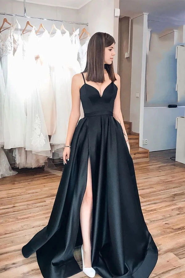 Simple Black Spaghetti Strap Satin Long Prom Dress Evening Dress,MP523 | musebridals.com