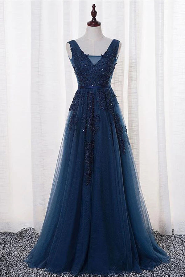 Tulle A-line V-neck Floor-length Prom/Evening Dress With Appliques,MP525