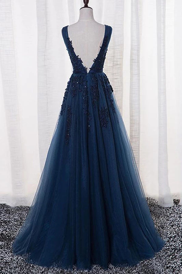 Tulle A-line V-neck Floor-length Prom/Evening Dress With Appliques,MP525 | musebridals.com