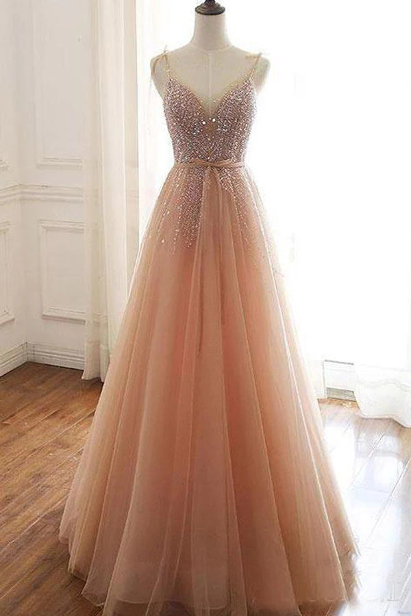 Tulle A-line Lace Up Back Straps Evening Dresses Sequins Prom Dresses,MP526