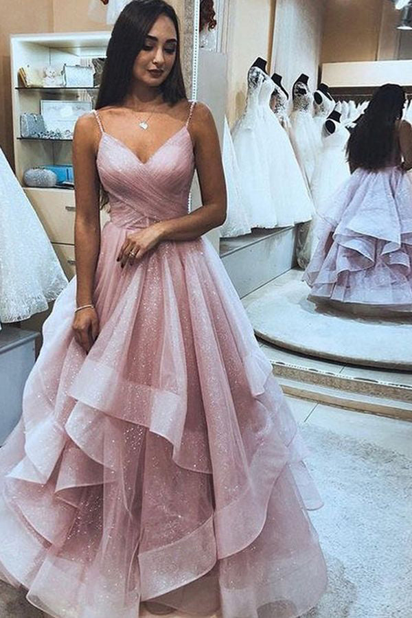 Pink Long Prom Dresses with Tiered Spaghetti Straps Red Evening Gowns,MP531