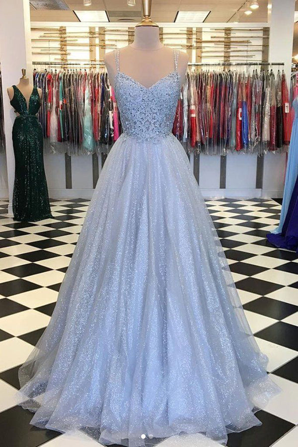 Shiny Long Prom Dresses Appliques Sweetheart Blue Evening Gowns,MP532
