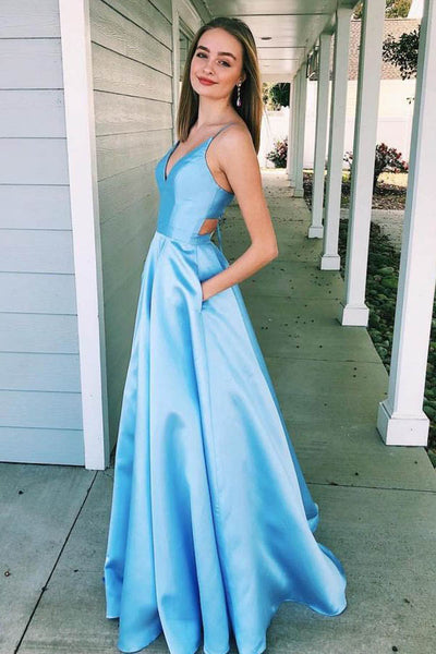 Blue Prom Dress Long Satin Pockets Party Gowns Spaghetti Straps A Line,MP536