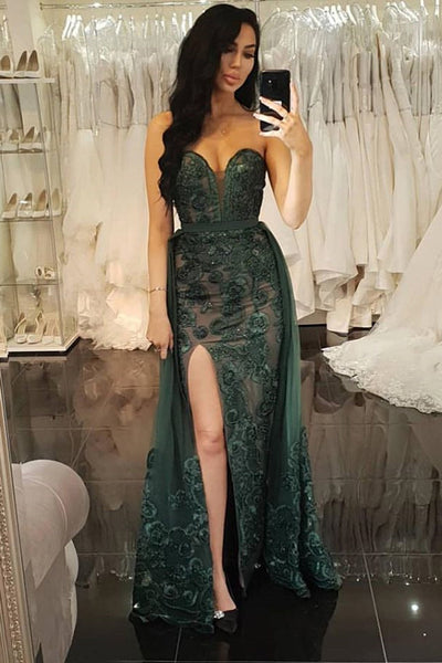 Unique Mermaid Sweetheart Dark Green Lace Split Prom Dresses,Two