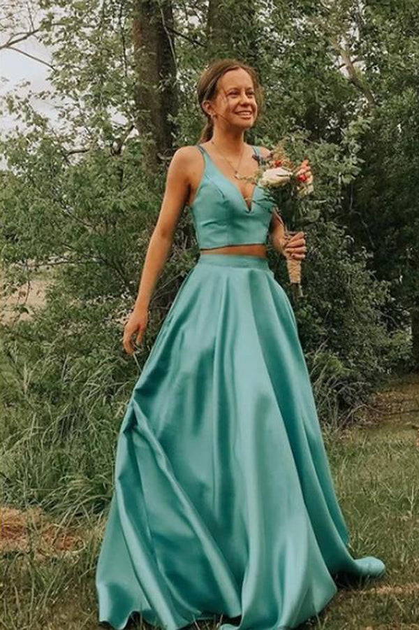 Simple Ball Gown V-neck Two Piece Lake Blue Satin Prom Dresses with Pockets,MP541