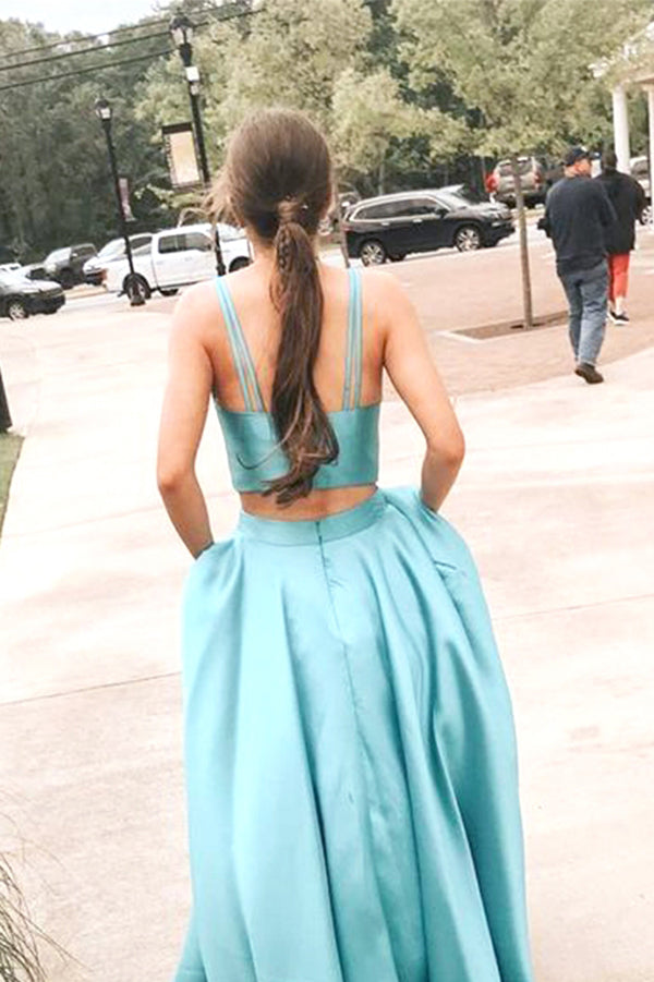Simple Ball Gown V-neck Two Piece Lake Blue Satin Prom Dresses with Pockets,MP541 | musebridals.com