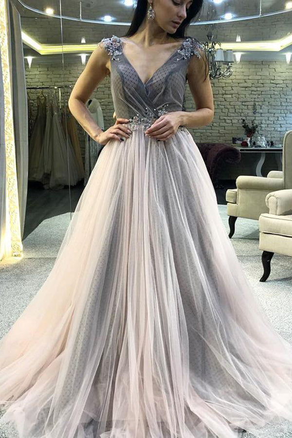 V-neck Grey Long Prom Dresses Appliques Evening Dresses with Beading,MP543