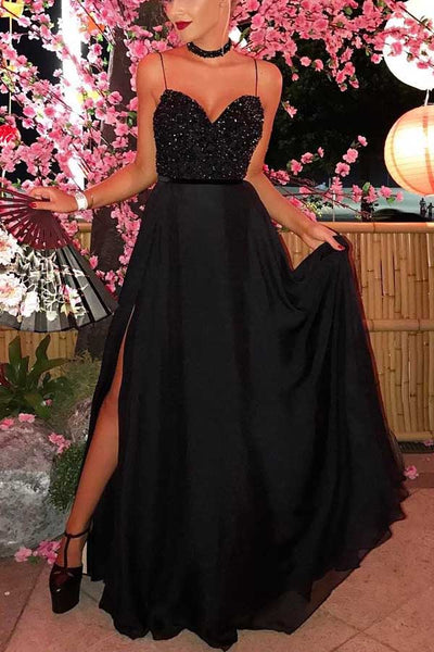 Spaghetti Straps Black Long Prom Dresses Beading Evening Dresses Split,MP545