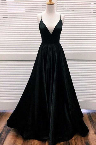 Elegant A-line V-neck Spaghetti Straps Black Satin Long Prom Dresses,Prom Gowns with Pockets,MP546