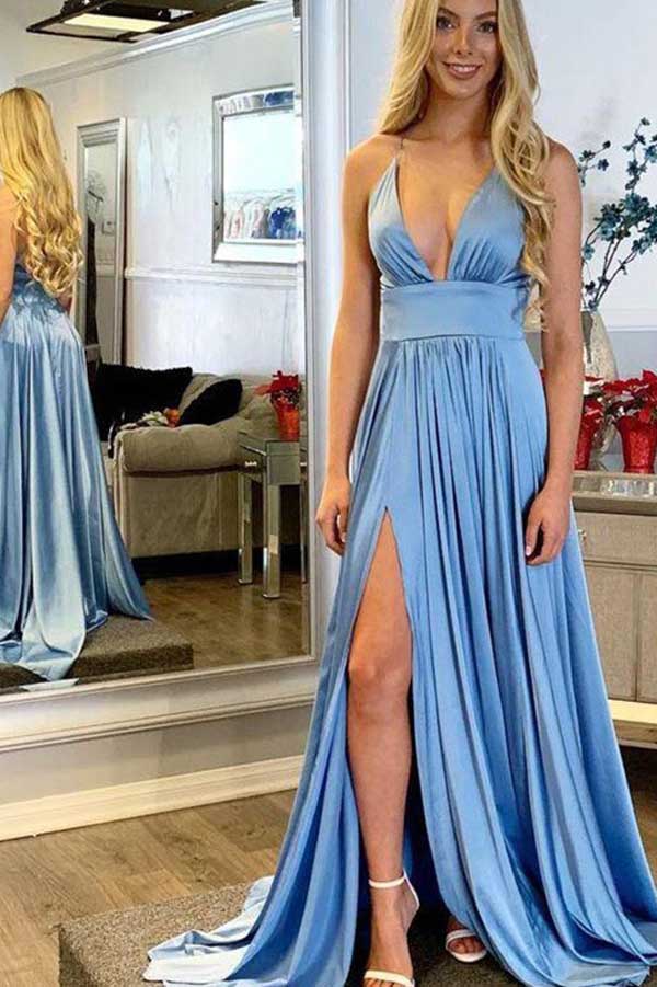 A-line V-neck Spaghetti Straps Blue Satin Long Prom Dresses, Split Evening Party Dresses,MP547