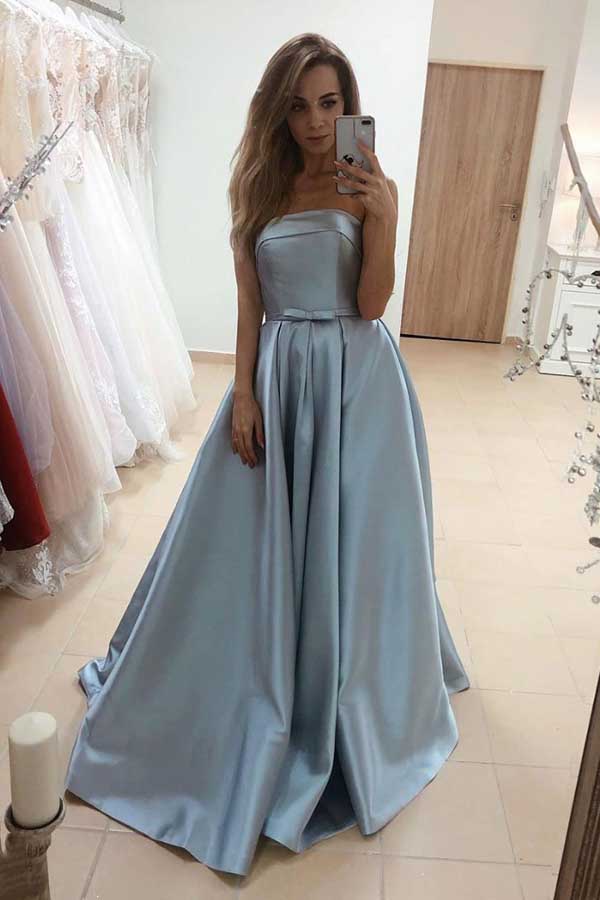 Strapless Blue Satin Long Prom Dresses with Bow,Elegant Gown Dresses with Pockets,MP548