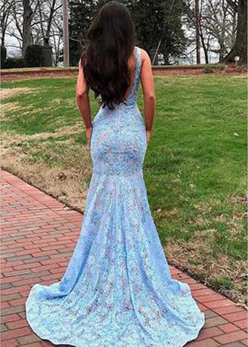 Charming Mermaid V-neck Open Back Light Blue Lace Prom Dresses,Elegant Evening Party Dresses,MP549 | musebridals.com