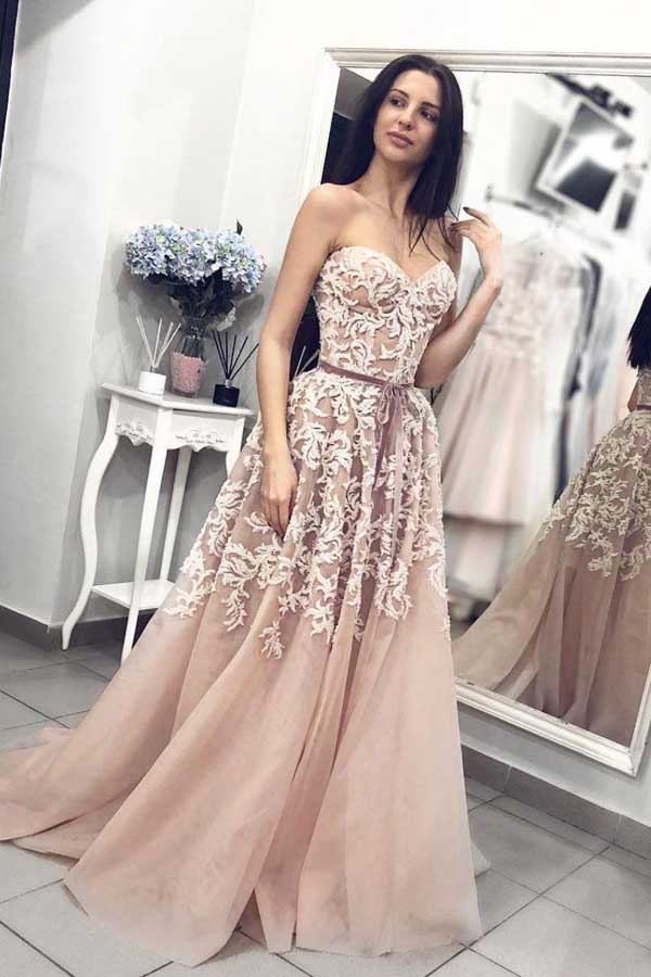Ball Gown Sweetheart Dusty Blush Lace Long Prom Dresses,Elegant Gown Dresses,MP550