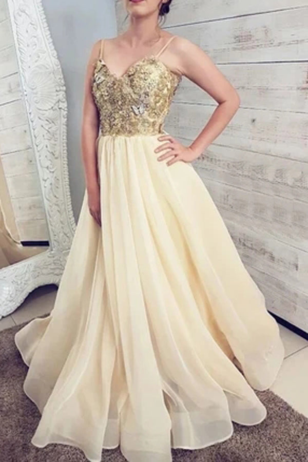Gorgeous Ball Gown V-neck Spaghetti Straps Daffodil Organza Long Prom Dresses,Lace Gown Dresses,MP552