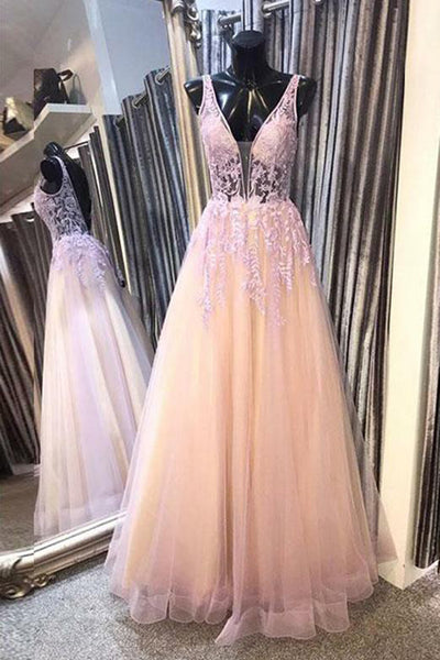 Satin & Tulle Prom Dress Deep V-neck Backless Long Evening Gowns with Appliques,MP556