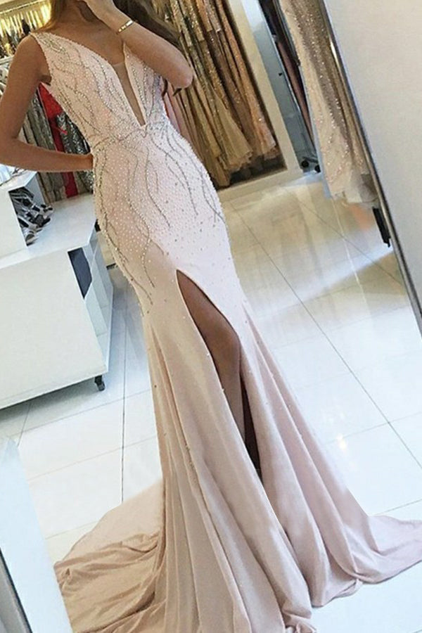 Pink Long Prom Dresses Mermaid V-neck Backless Evening Dresses with Beading,MP558