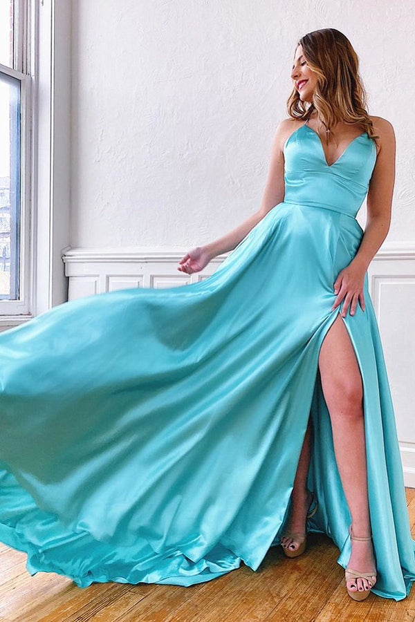 Simple Satin V-neck Spaghetti Straps Lace A-Line Long Prom Dress with Slit,MP562
