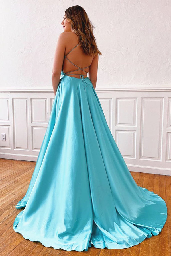 Simple Satin V-neck Spaghetti Straps Lace A-Line Long Prom Dress with Slit,MP562 | musebridals.com