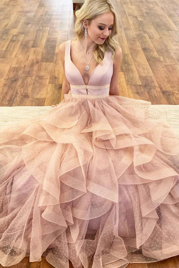Tulle Lace Prom Dresses with Straps Deep V-neck A-line Long Pink Prom Dress,MP565