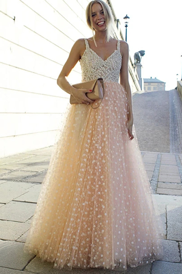 Sparkly Prom Dresses A-line Straps Beading Long Beautiful Prom Dress Evening Dress,MP566