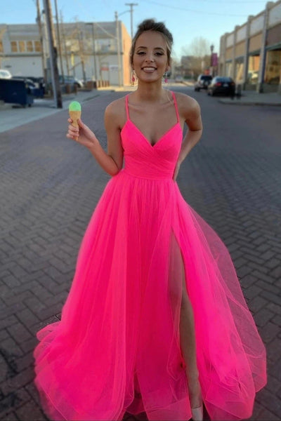 A-line Modest Tulle V-Neck Spaghetti Straps Long Prom Dress with Slit,MP571