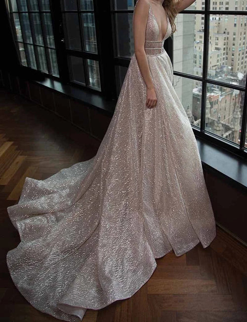 Simple Prom Dresses V-neck Silver Organza Long Prom Dress/Evening Dress,MP577 | musebridals.com
