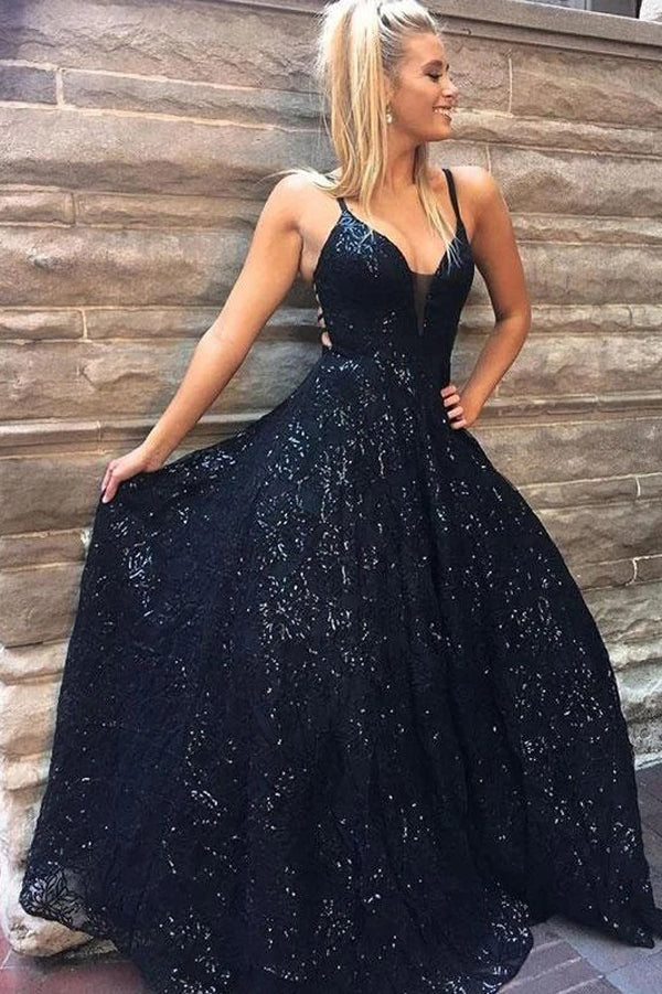 Spaghetti Straps A-line Dark Navy Lace Prom Dress Sparkly Long Evening Dresses,MP579