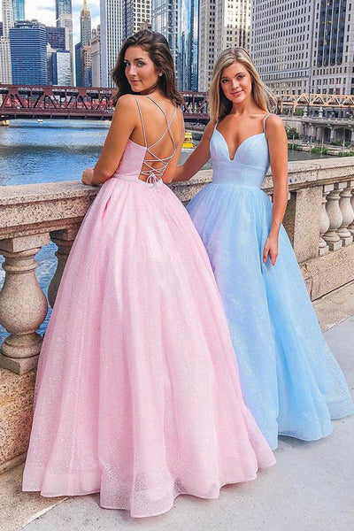 Spaghetti Straps A-Line V-neck Floor-length Pink Tulle Long Prom Dress,MP583
