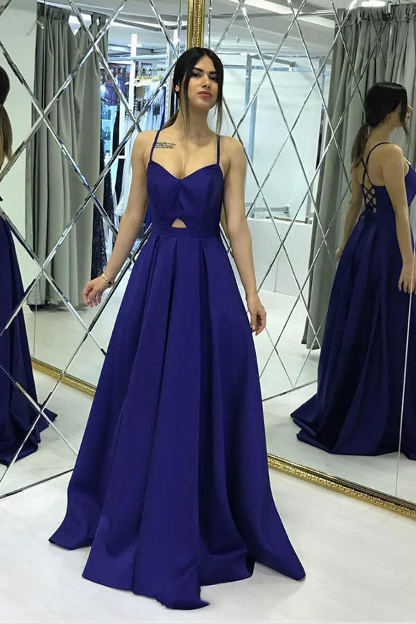 Simple Royal Blue Satin A-line Floor-length Sweetheart Long Prom Dress,MP585