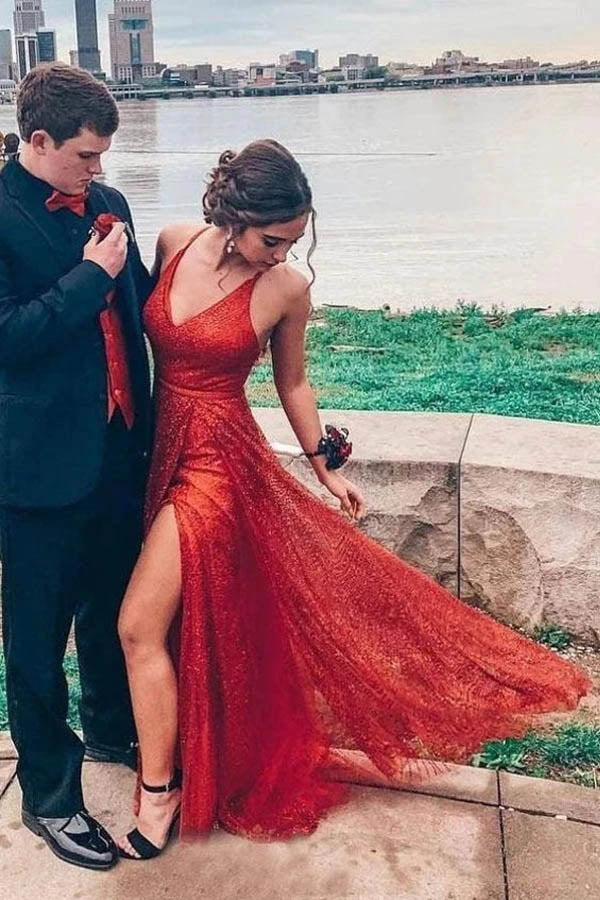 Sparkly V-neck Backless A-line Red Long Prom/Formal Dress With Split,MP586